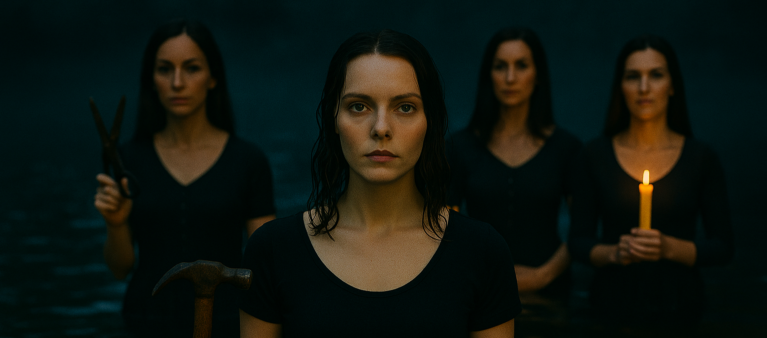 Mormon women stand in water at dusk, holding symbolic objects like a hammer and candle, representing faith crisis and religious deconstruction in Grace Moreau’s blog post The Secret Lives of Jack Mormon Wives.